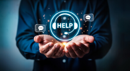 Customer support concept with a glowing help icon and headset, held in open hands, symbolizing assistance and communication in the digital age