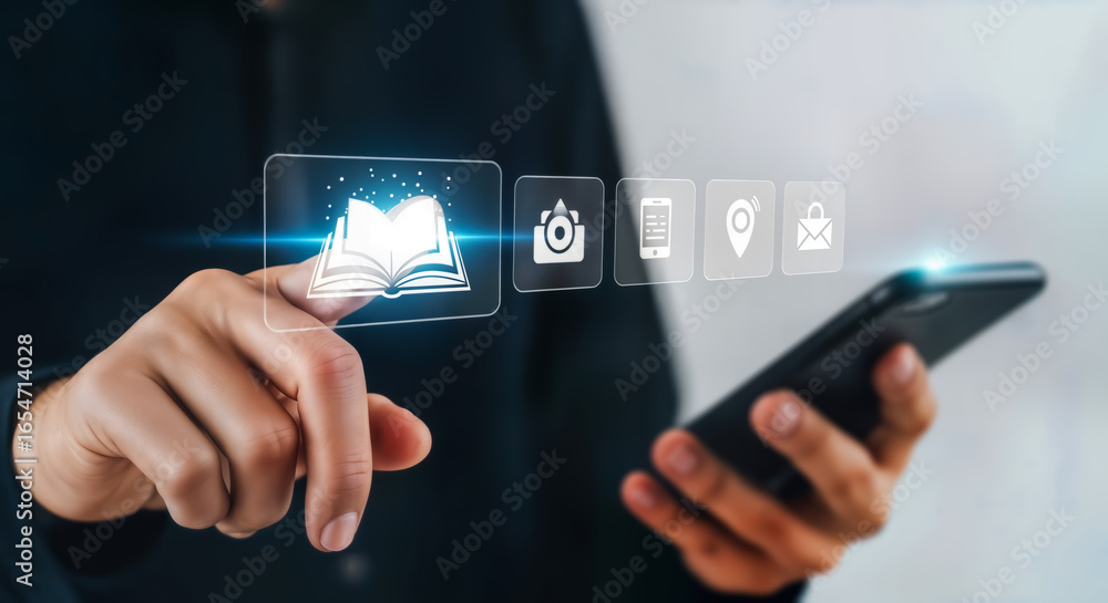 Aufkleber person using a smartphone to access digital information and educational content through interactive 