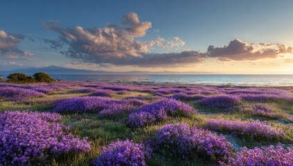 Panoramic view of a field of purple flowers at sunset over a calm ocean