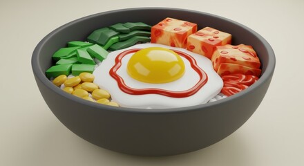 3D Bibimbap bowl with egg and vegetables