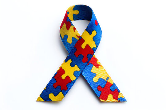 Autism awareness ribbon puzzle pieces blue red yellow