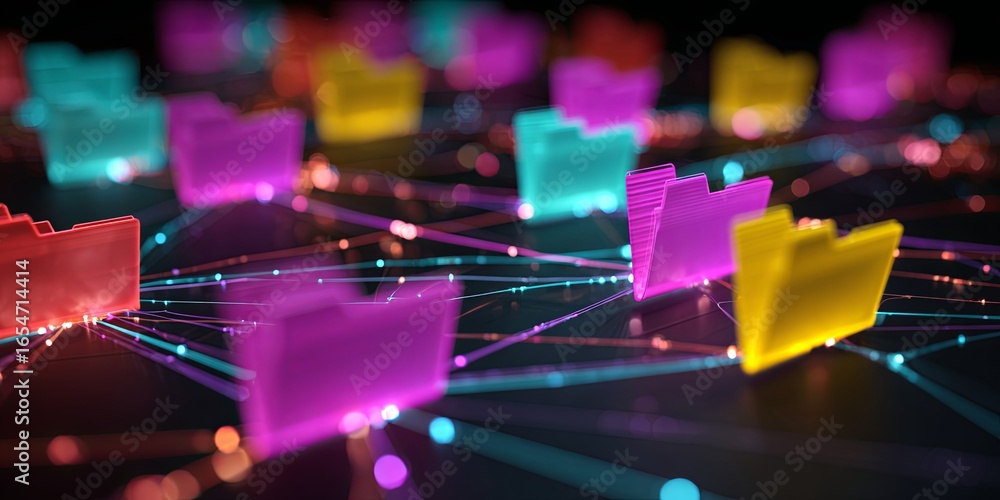 Poster colorful digital folders connected through a network of glowing lines representing data sharing and 