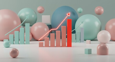 Growing bar chart with ascending red arrow