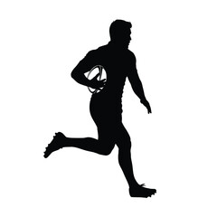 Silhouette of a rugby player running with the ball in action, isolated on white background, representing sport, fitness, and competition