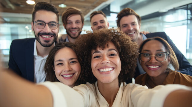 A group of smiling diverse colleagues taking a selfie in a modern office environment together happily - Powered by Adobe