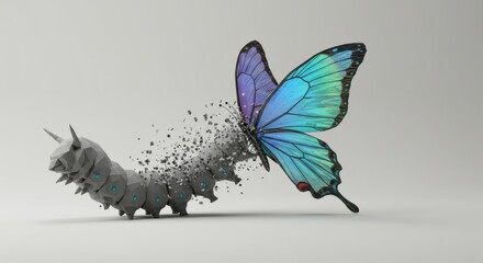 Caterpillar transforming into a vibrant butterfly, concept of change and metamorphosis