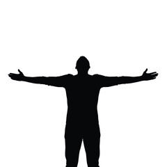 Silhouette of a man with arms outstretched isolated on white background, symbolizing freedom, success, and achievement