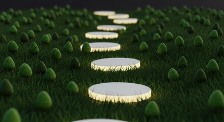 Stepping stones on green grass with small round bushes