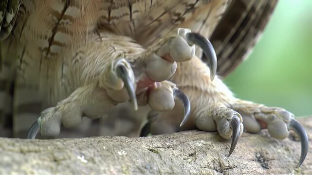 Close-up of powerful bird talons gripping a tree branch, showcasing sharp claws and textured feathers