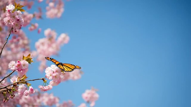 Monarch butterfly rests on pink cherry blossom branch against a cloudless blue sky