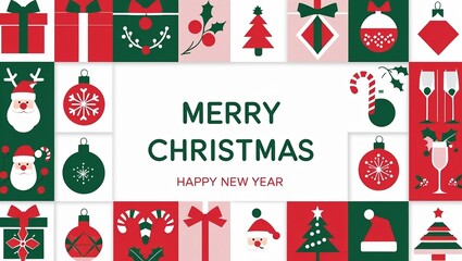 Decorative Christmas Card with Icon Border of Gifts, Ornaments, Candy Canes, Trees, and Bows on White - AI-Generated.
