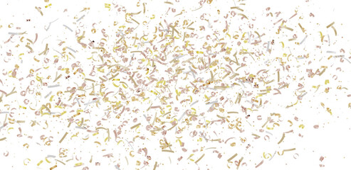High-resolution image of gold and beige confetti falling on white background. Perfect for celebratory designs.