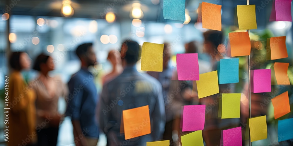 Poster diverse team engaging in brainstorming session with colorful sticky notes in modern office environme