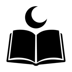 Black and White Image of an Open Book Below Crescent Moon © Laboni49