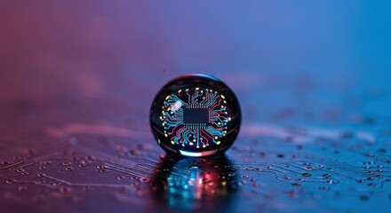 Computer chip encapsulated in a water droplet on circuit board background