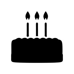 Simple black silhouette of a birthday cake with three lit candles