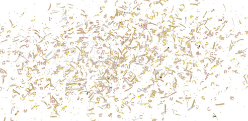 High-resolution image of gold and beige confetti falling on a white background. Perfect for celebrations, parties, and festive designs.