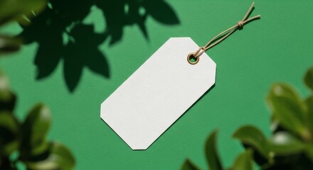 Blank white tag hanging in greenery with natural light and shadows