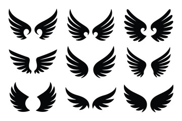 Collection of black angel wings isolated on white background