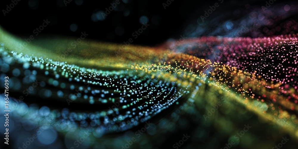 Poster colorful data streams flowing together and forming a vibrant digital representation of information p