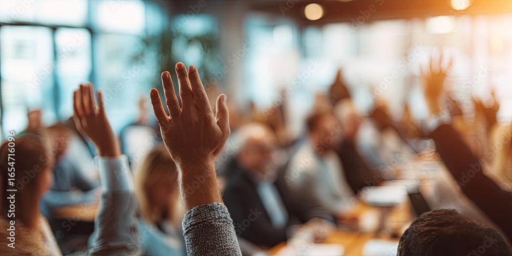 Poster hands raised in a meeting environment with attentive audience engaging in dialogue and discussion in