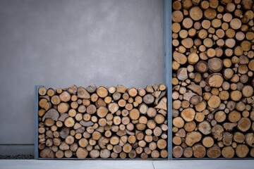 Contemporary backyard feature showcasing organized wood storage against a subtle concrete backdrop