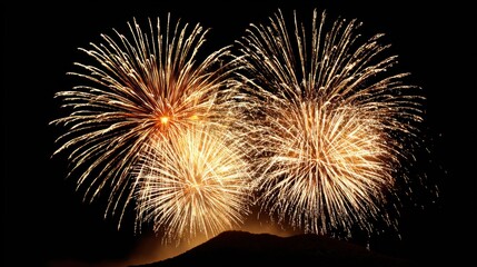 Spectacular Gold Fireworks Display Over Mountain at Night Sky