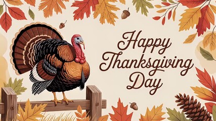 happy thanksgiving day turkey autumn leaves festive holiday - Powered by Adobe