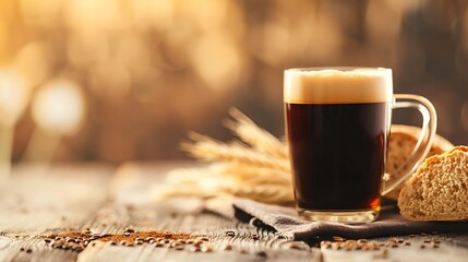 A tall glass of dark beer with wheat and bread on a wooden table
