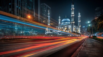 Obraz premium Mosque night cityscape with light trails