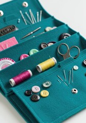 Teal felt sewing kit, open, displaying various tools