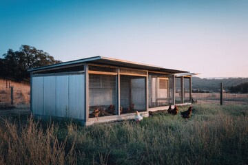 Minimalist modern chicken coop made of steel in a serene landscape with chickens roaming freely at dusk