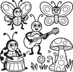Happy insects playing music and dancing in nature butterfly ladybug