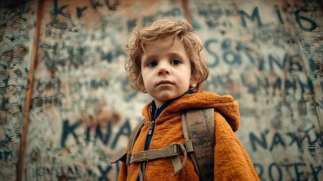 A scratched wall at child height reveals chaotic markings and disturbing messages in a dim room