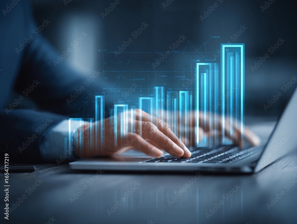 Poster hands typing on a keyboard with digital graphs illustrating business growth in a modern office setti