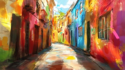 Fototapeta premium Vibrant Colorful Street Scene in European Art Style