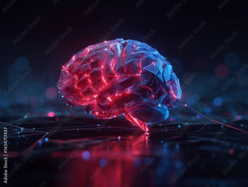 Poster digital representation of a brain composed of geometric shapes illuminated with bright colors, showc