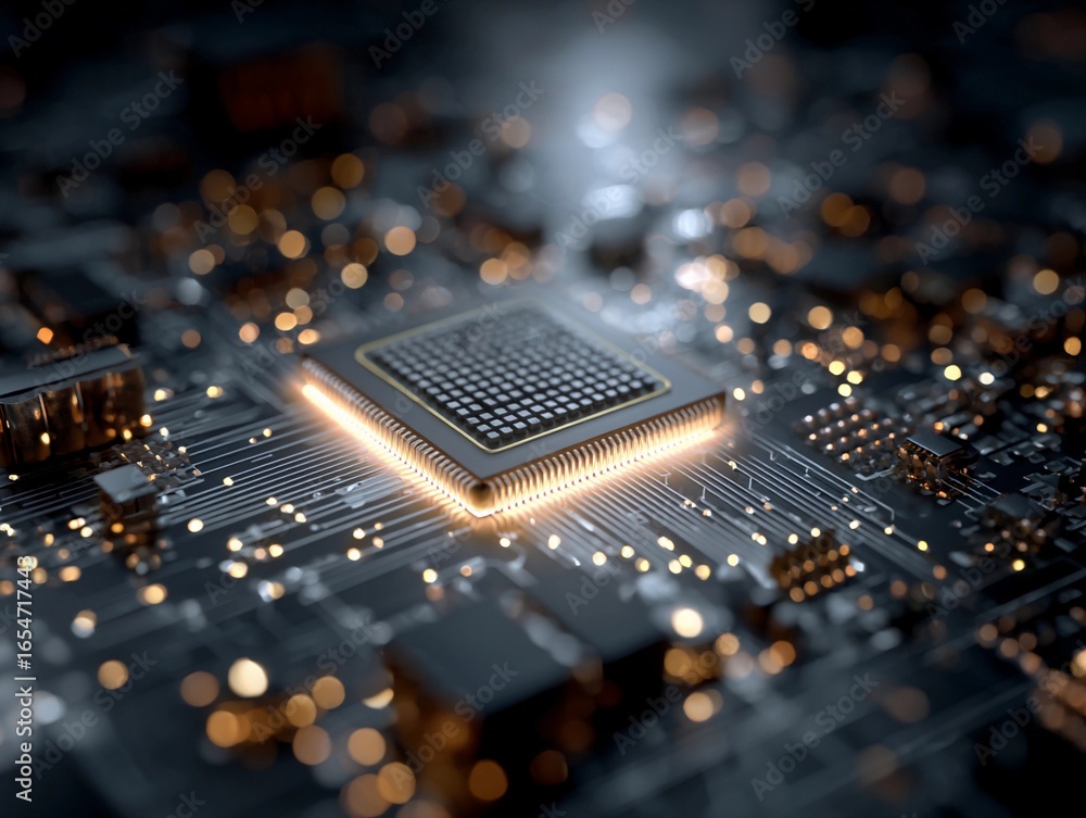 Poster close-up view of a modern microprocessor on a circuit board highlighting intricate details and glowi