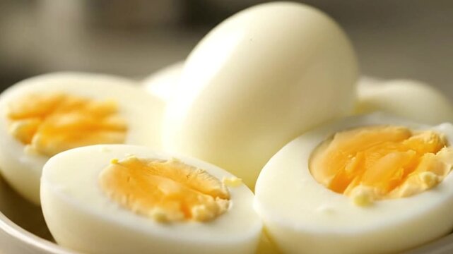 Pile of hardboiled eggs some whole some halved exposing the yolk with a creamy white color and orange yolks