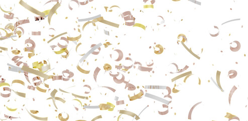 Beautiful image of gold and rose gold confetti falling on a white background. Perfect for celebrations, parties, and festive designs.