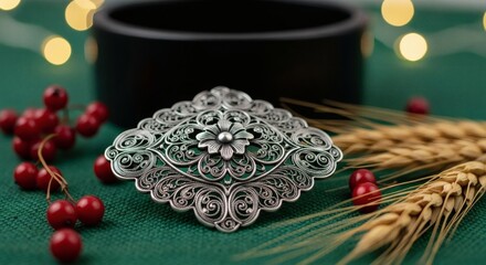 Intricate silver filigree ornament with festive berries and wheat stalks