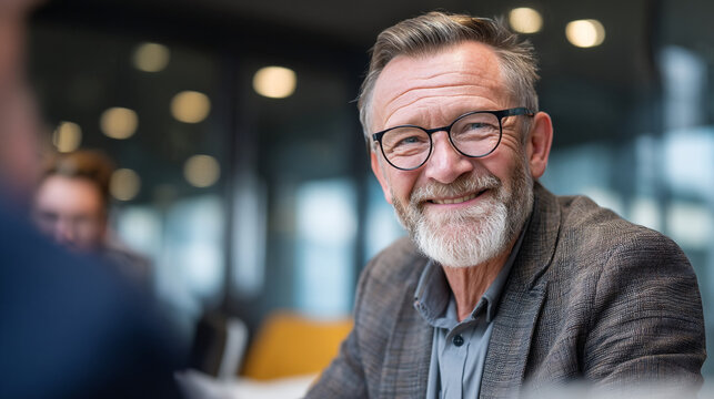 Close up of a smiling mature man with glasses and a grey beard in a business casual setting