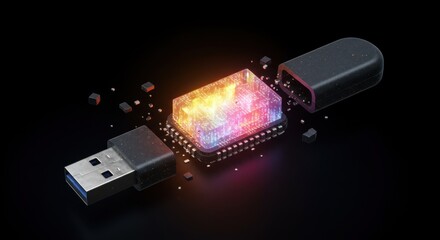 Opened USB flash drive with glowing chip on dark background