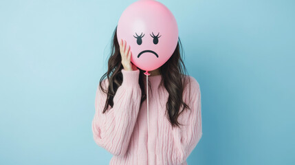 Woman Expressing Emotions with a Pink Balloon on Blue Background