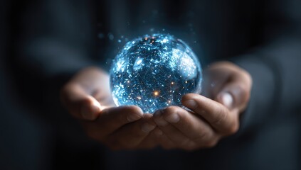 A person's hands hold a glowing digital globe