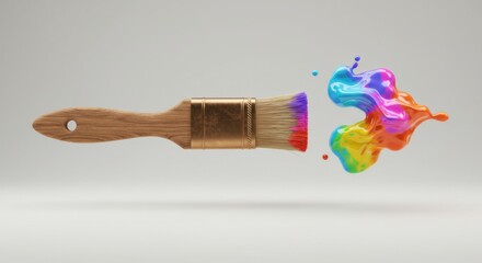 Paintbrush spreading colorful paint splatters on bright studio background