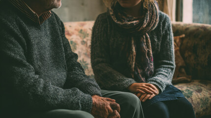 An elderly man and younger woman sitting together indoors, having a serious and intimate conversation about feelings and emotions