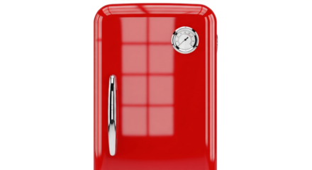 Vintage Refrigerator: A classic, red vintage refrigerator stands gleaming, reflecting the light, a stylish appliance.