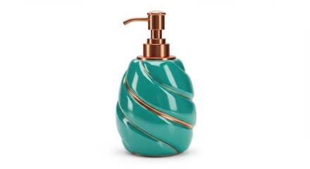 Turquoise ceramic soap dispenser with bronze accents on white background