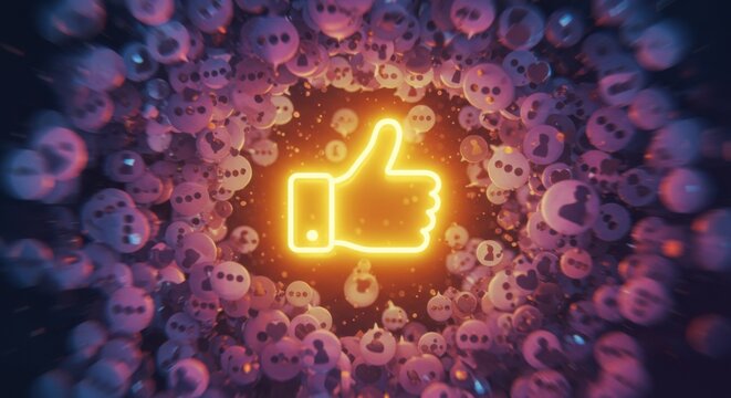 Neon thumbs up icon with social media icons for social networks - Powered by Adobe